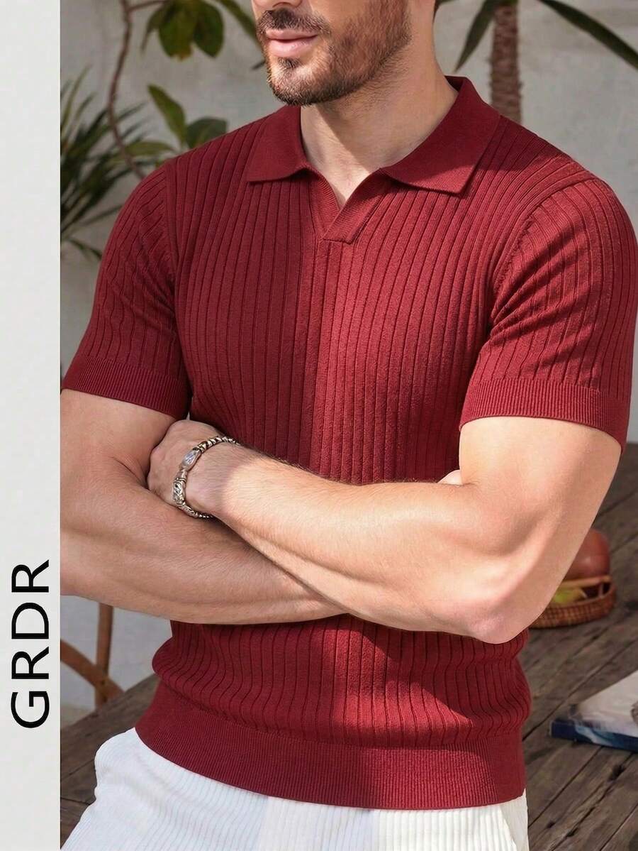 GRDR Men's Summer Knit Sweater, Fashionable Solid Color Short Sleeve, Suitable For Casual & Sports - Burgundy - View 1