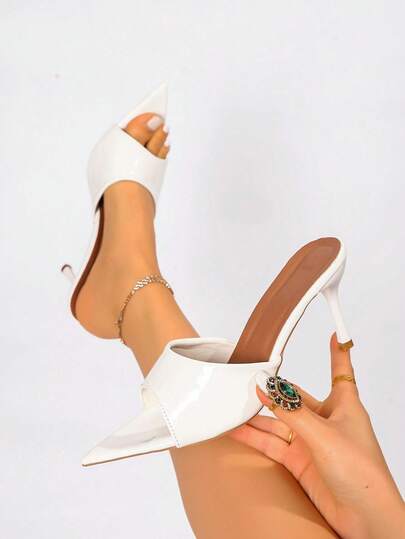 2026 Women's Spring/Summer New White Patent Leather Round Toe Stiletto Heel Elegant Sandals, Suitable For Wedding, Work, Daily Wear, Valentine's Day