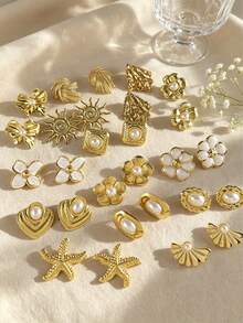 Set de 24 piezas de pendientes de botón de estilo único y de moda, con postes de acero inoxidable, adecuados para regalar a compañeros de clase y amigos, directa de fábrica, pendientes de mujer, pendientes dorados, pendientes dorados de mujer - Pendientes de oro, perlas y blanco - Ver 1