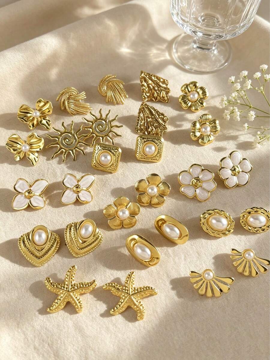Set de 24 piezas de pendientes de botón de estilo único y de moda, con postes de acero inoxidable, adecuados para regalar a compañeros de clase y amigos, directa de fábrica, pendientes de mujer, pendientes dorados, pendientes dorados de mujer - Pendientes de oro, perlas y blanco - Ver 1