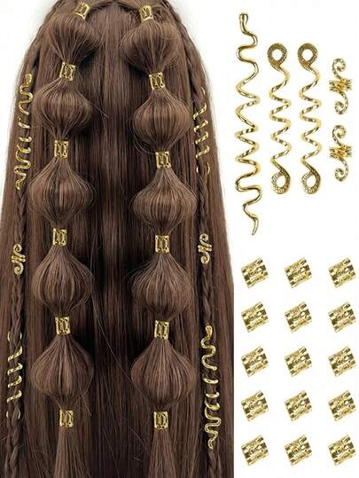 26 piezas Accesorios para el cabello de mujer en color dorado, joyería para el cabello con rastas, set de cuentas de metal para el cabello largo, clips para el cabello con forma de serpiente, color dorado
