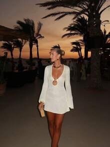 Vestido de punto de unicolor para vacaciones de verano en la playa - Albaricoque - Ver 3