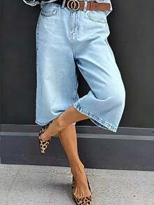 Women's Casual Bermuda Denim Shorts With Pockets, Zipper And Button Details, Slightly Stretchy Fabric, Suitable For Daily Wear Summer - Light Blue - 查看 5