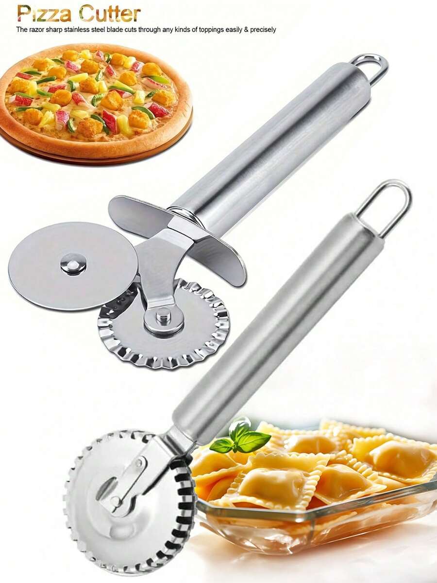 1/2pcs Pastry Cutter Set, Stainless Steel Italian Dumpling/Pizza Cutter And Fluted Pasta Roller With Ergonomic Handle, Kitchen Tools For Dough And Pie Crust Making (Silver) - Silver - View 1
