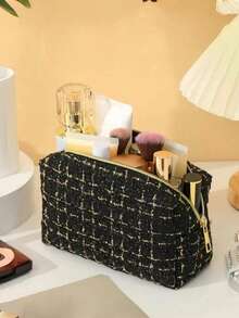 1 túi đựng mỹ phẩm dệt caro dung tích lớn, túi đựng đồ vệ sinh cá nhân di động, hộp đựng đồ trang điểm du lịch - màu đen - Xem 7