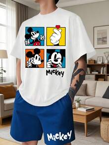 Disney 2pcs Mickey Mouse Print Men's Casual Loungewear Set, Round Neck Top And Shorts, Suitable For Spring/Summer - Multicolor - View 3