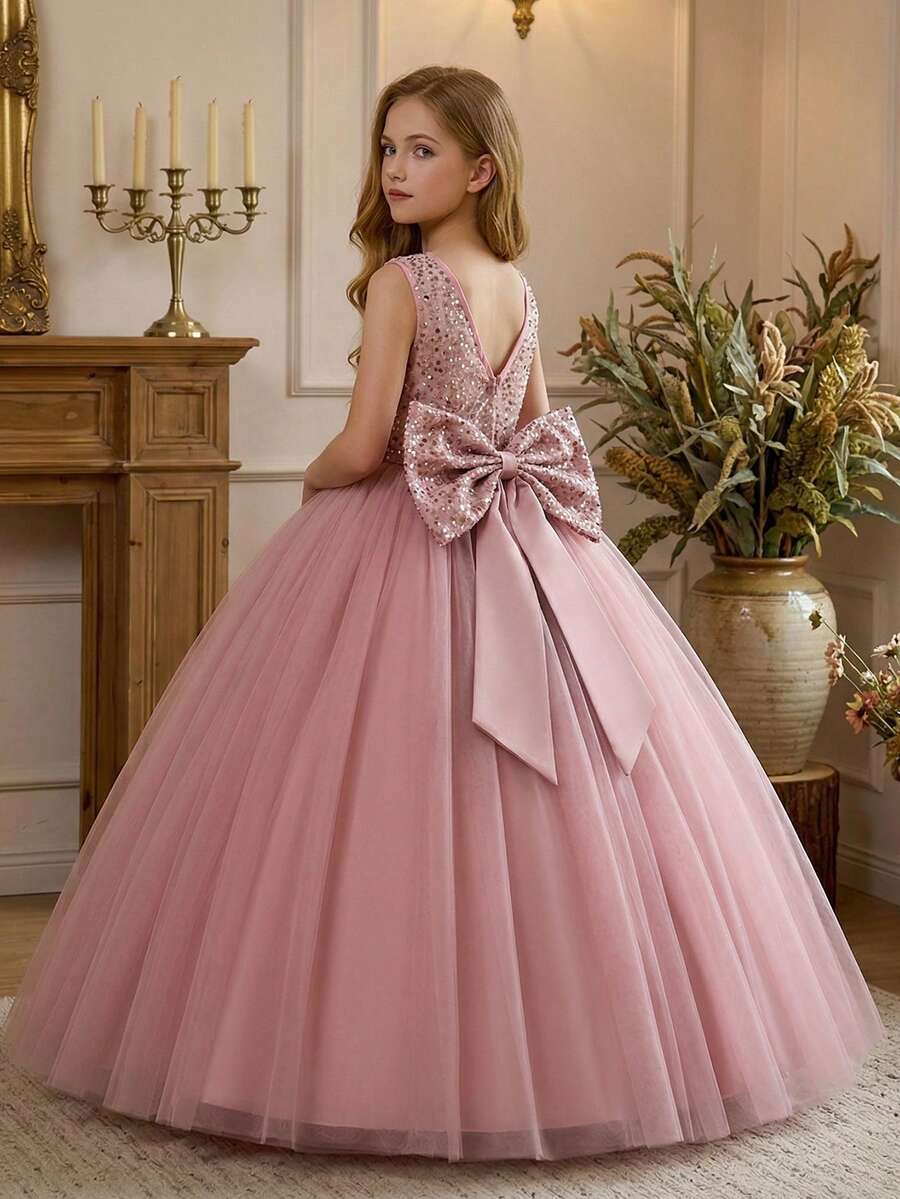 Tween Girl Elegant Pink Long Tulle Dress, V-Neck Backless Sequin Decor Detachable Big Bow Fluffy Mesh Formal Gown, Suitable For Wedding, Birthday Party, Banquet, Prom, Graduation Ceremony, Important Occasions, Evening Wear, Travel, Photography