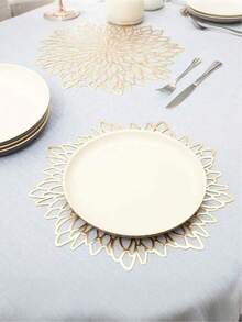 12pcs Gold Floral Pattern Round Placemats, 15 Inch Diameter, PVC Material; 3.94 Inch Round Hollow Flower Coasters, Washable, Easy To Clean, Wipe Clean, Non-Slip, Heat-Resistant, Suitable For Room Decor, Dining Table Decor, Home Decor, Holidays, Parties, Birthdays, Weddings, Anniversaries, Mother's Day, Valentine's Day, Banquets, Events - Round - View 2