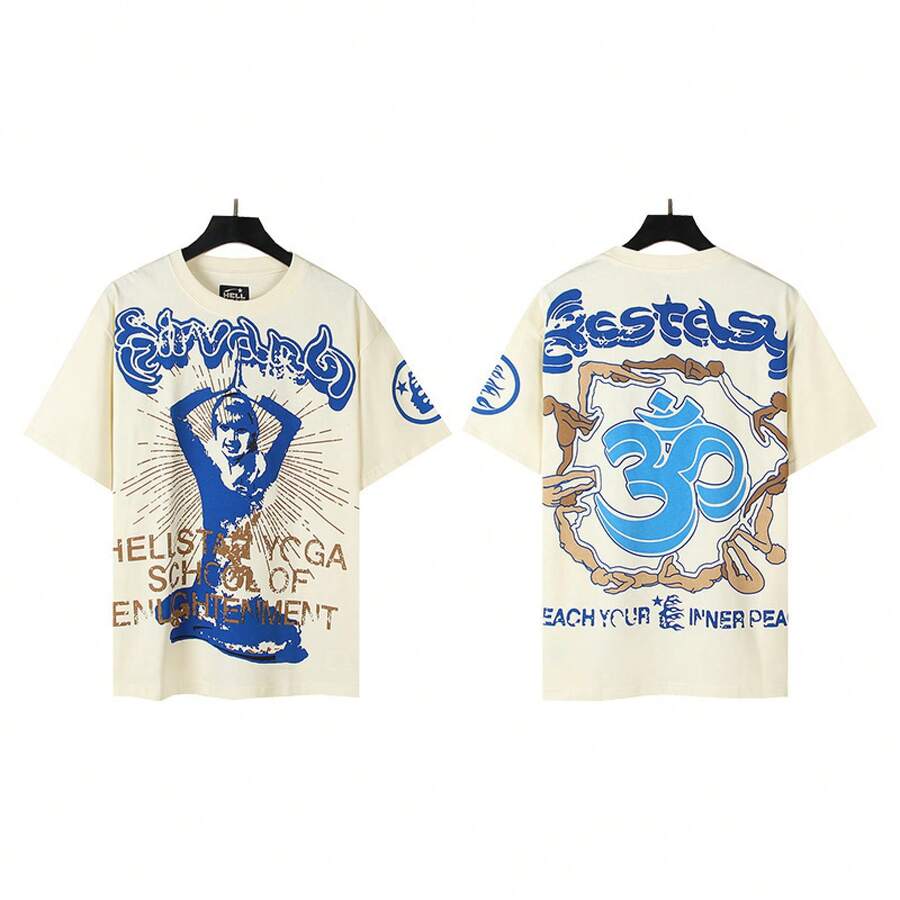 HellST Vintage Streetwear T-Shirt, 100 Percent Cotton Casual Loose Top, Unisex Couple Matching Tee - A777杏色 - 查看 1
