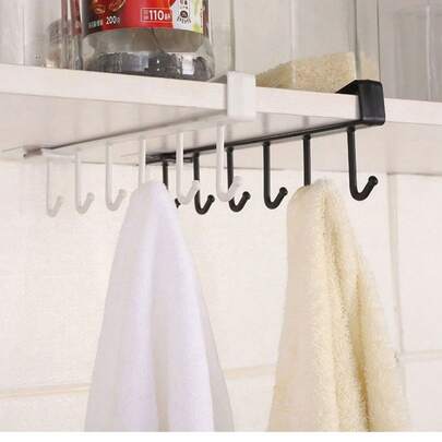 1 pieza Estante de almacenamiento de armario sin taladro (con 6 ganchos, se adapta a 3 tazas), organizador de cocina, adecuado para gabinete, ollas, batidores, espátulas, almacenamiento de cocina, estante de cocina, regalo del Día de la Madre