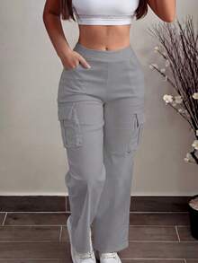 Women's Casual Solid Color Straight Leg Pants With Pockets, Versatile For Daily Wear, Spring/Autumn/Winter - Grey - View 2