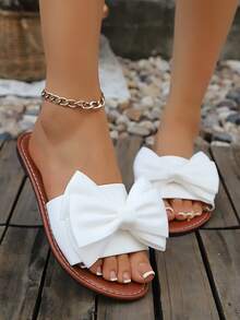 2026 Summer New Fashion Bow Slippers For Women, Vacation Style Soft Sole Plus Size Beach Sandals - White - View 5