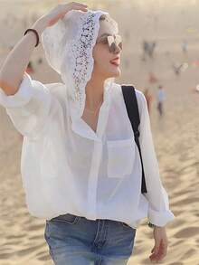 Blusa de manga larga con capucha de ganchillo hueco francés, estilo callejero suelto, elegante y delgada para mujer, blanca para otoño/invierno y primavera - Blanco - Ver 3