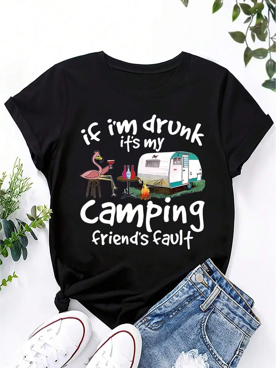 Camiseta con diseño divertido de camping para mujer con el eslogan "Si estoy borracha, es mi ilusión de acampar" y diseño de autocaravana. | Top casual de manga corta y cuello redondo en color morado brillante | Equipo de aventura al aire libre cómodo y lavable a máquina para todas las estaciones | Ropa de camping | Camiseta de Algodón Holgada Easy Print - Negro - Ver 1