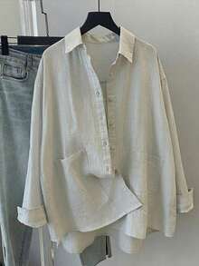Plus Size Women's Solid Color Long Sleeve Casual Loose Shirt With Pockets, Spring/Summer - Light Grey - View 3