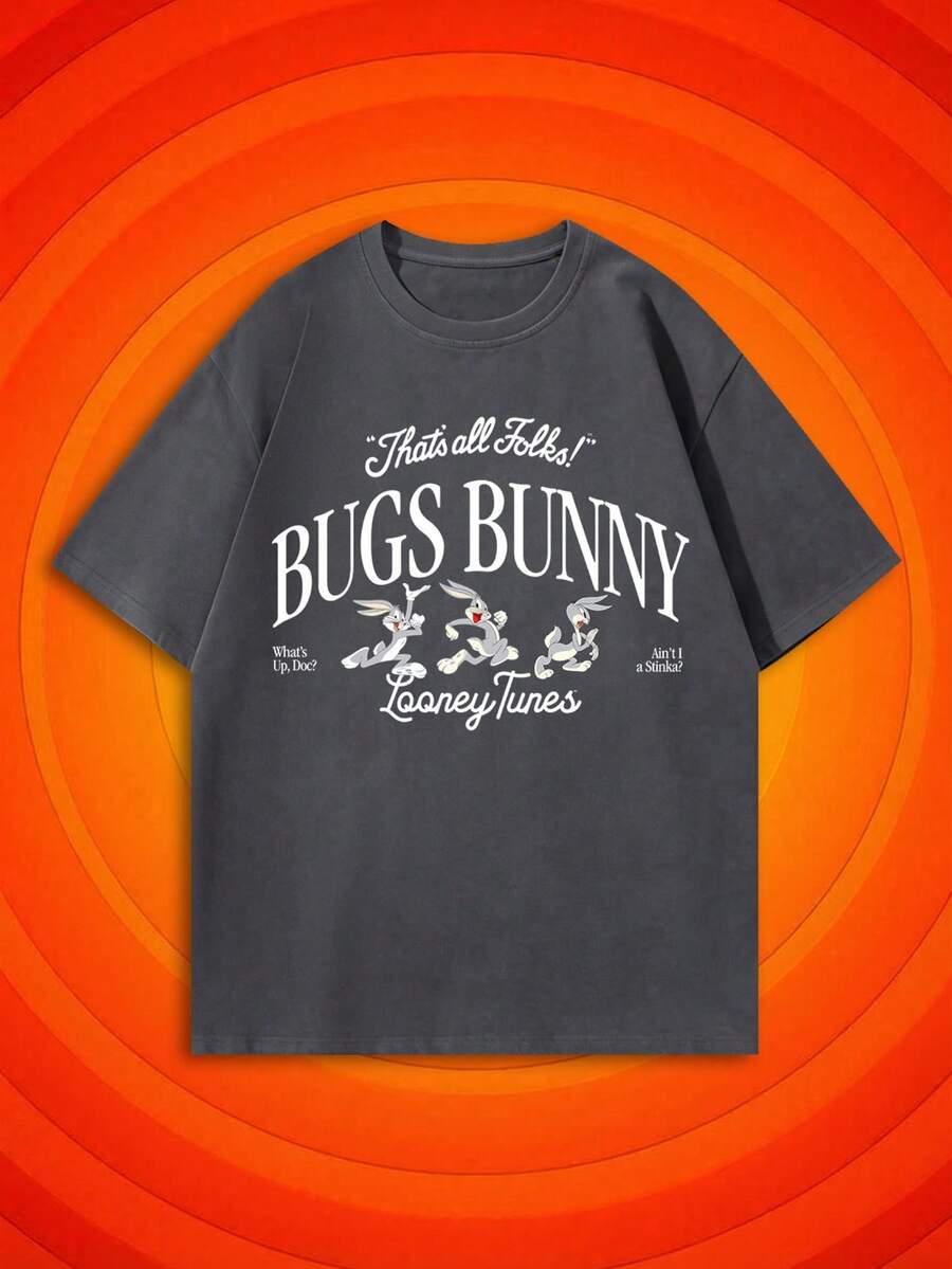 SHEIN X Looney Tunes Áo thun nữ tay ngắn mùa hè cổ điển in hình thỏ hoạt hình, chữ cái retro vui nhộn, sự kết hợp giữa phong cách retro Mỹ và thẩm mỹ thiên niên kỷ Y2K, rất tiện dụng cho việc đi lại hàng ngày, phù hợp cho các buổi đi chơi của các cô gái, dã ngoại mùa hè, cuộc sống sinh viên, check-in mua sắm, chợ theo chủ đề, kỳ nghỉ ngắn ngày, thư giãn ngày lễ và hơn thế nữa, một chiếc áo tay ngắn giúp tạo nên những bộ trang phục giúp trẻ hóa làn da. - Màu xám đen - Xem 1