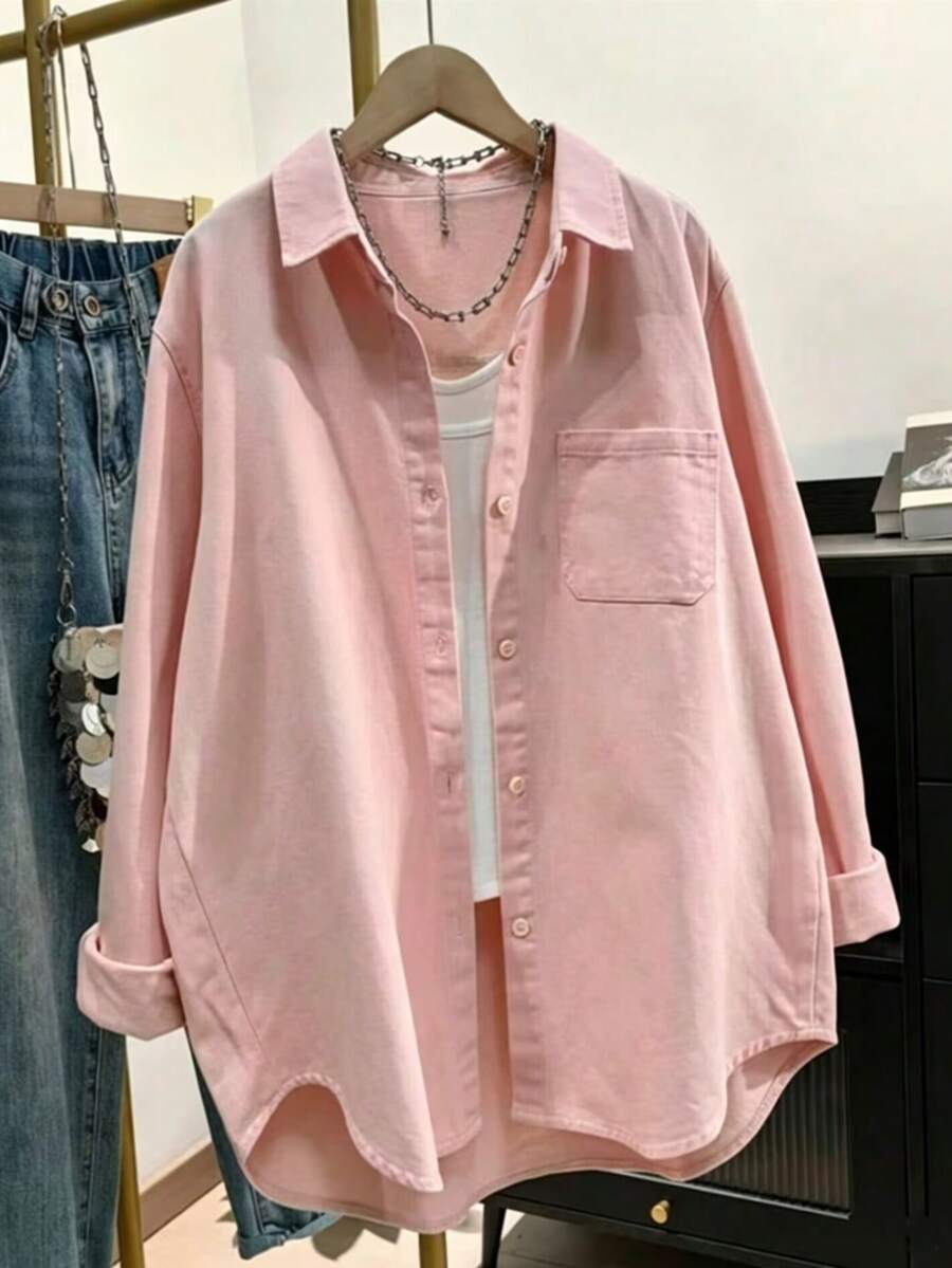 Women's Solid Color Pocket Front Button Casual Shirt Spring - Baby Pink - View 1