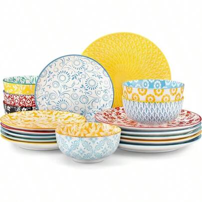 SELENE Plates And Bowls Set For 6, 18 Pieces Dinnerware Sets, Mircowave And Dishwasher  Dishes Set, Porcelain Pastel Dinnerware
