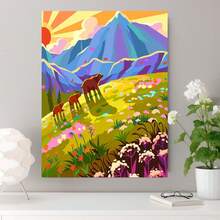 1 pieza, pintura de diamantes 2D con paisaje de pradera montañosa, que muestra varios osos caminando en el césped, rodeados de flores coloridas, con montañas distantes y un sol naciente en el fondo, colores vibrantes y brillantes, ambiente natural - Enmarcado - Ver 3