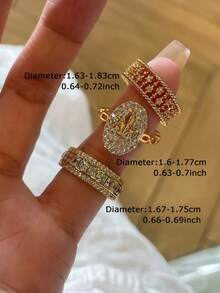 3pcs Fashionable Luxury Elegant High-End Cubic Zirconia Inlaid Hollow Chain Unique Elegant Rings Set, Suitable For Party, Banquet, Gathering - Yellow Gold - View 3