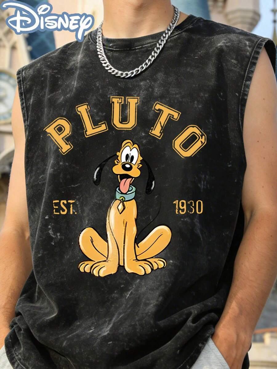 Disney Officially Licensed Men's Sleeveless Graphic Tees, 100% Cotton, Pluto EST.1930 Print, Washed 230g, Retro Vintage Crew Neck, Comfortable Casual Wear - 黑色 - 查看 1