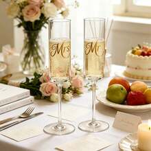 2pcs Mr & Mrs Wedding Champagne Glasses, Elegant Gold Foil Glass Flutes, Romantic Gift For Bridal Shower, Wedding, Anniversary, Valentine's Day, Housewarming, New Year Celebration - View 9