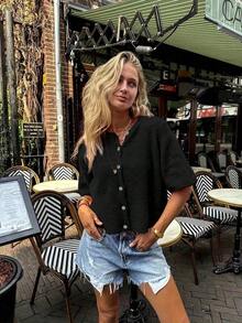 Women's V-Neck Short Sleeve Cardigan, Front Button Decor, Minimalist & Fashionable Casual Style, Suitable For Daily Commute, Lovely Sweater Spring - màu đen - Xem 2