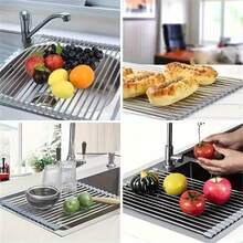 1 pieza Escurridor de fregadero de cocina plegable de acero inoxidable - Colador y estante de secado de platos ahorrador de espacio con diseño enrollable, perfecto para lavar frutas y verduras, estante de secado de platos sobre el fregadero - Plateado - Ver 5