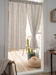 2pcs Linen Tassel Solid Color Retro Curtain, Rod Pocket Design, Suitable For Living Room And Bedroom - Sheer And Filtering Curtain (Tie Backs Not Included) - Multicolor - View 3