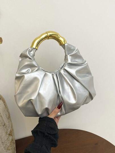 1pc Women's New Pleated Craft Fashion Handbag, Casual Crescent Bag, Solid Color Cloud Bag, Wallet, Phone Pouch, Silver Bag, Suitable For Young Women For Shopping, Commuting, Beach, Great For Women's Daily Use