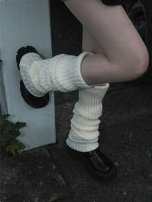 1 Pair Women's Solid Vertical Striped Warm Decorative Cute Leg Warmers, Suitable For Spring, Autumn And Winter - White - View 2