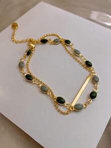 1pc Vintage Double-Layer Bracelet, Simple Green Bracelet [Hand-Cut To Length, Bead Colors Vary Randomly],Summer,Jewellery - Gold - View 2