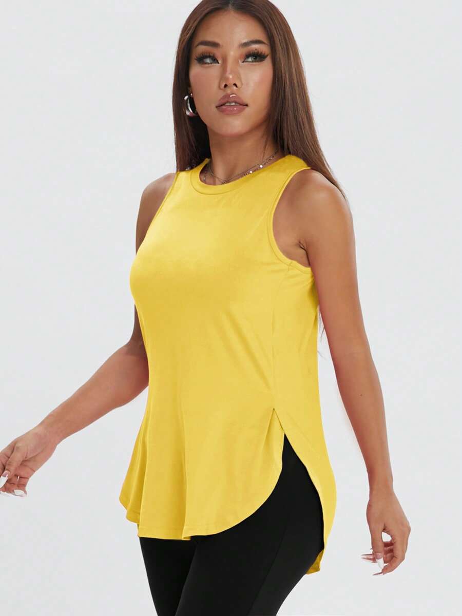 1pc Women Casual Loose Sleeveless Sports Top, Solid Color Crew Neck With Side Slit, Comfortable For Fitness, Spring/Summer - 黃色 - 查看 1