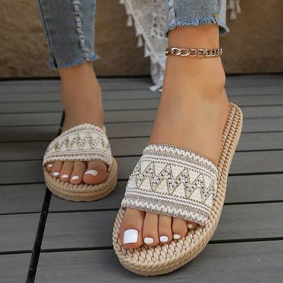 1 Pair Women's Wave Pattern Embroidered Woven Strap Decor EVA Non-Slip Soft Bottom Breathable Comfortable Flat Open Toe Slide Sandals, Bohemian Style Casual Versatile Slippers For Spring/Summer Outdoor, Beach, Music Festival, Daily Commute, Sightseeing, Pool, Home, Outdoor Walking, Holiday Outfit