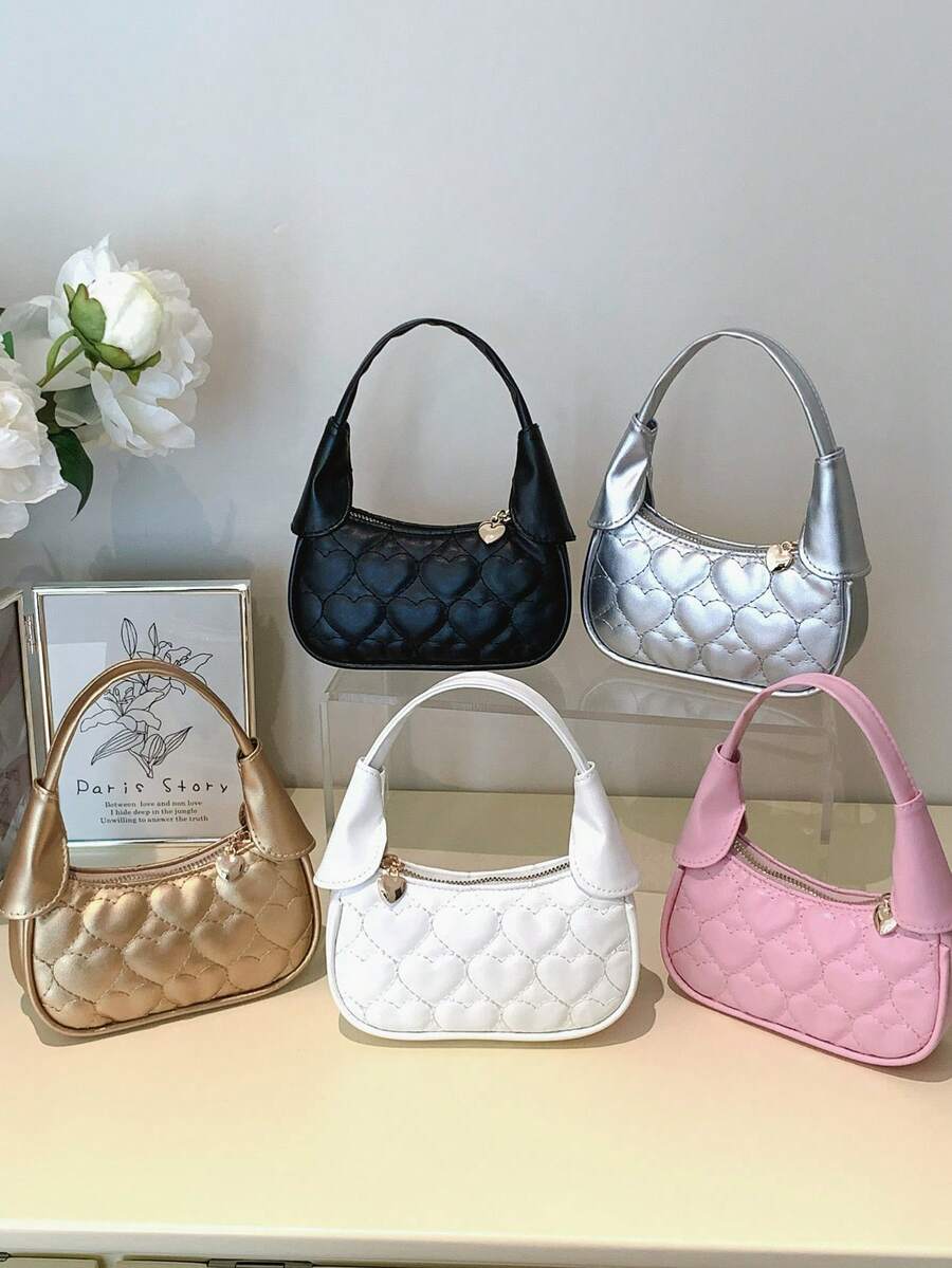 1 chiếc túi xách nhỏ hình trái tim bằng da PU, khóa kéo, thời trang dành cho bé gái, thêu họa tiết, phù hợp sử dụng hàng ngày trong mọi mùa. - Kiểu chỉ thêu - Xem 1