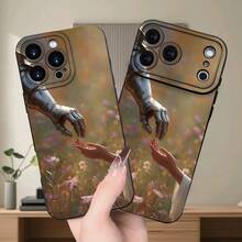 Funda para teléfono: Precio de fábrica al por mayor - Funda premium creativa en negro mate con brazo mecánico tocando una palma humana, diseño artístico con estampado floral y paisajístico.Compatible con iPhone 17/16/15/14/13/12/11/XS/XR/X/7/8 Plus/Pro/Max/Mini - Negro - Ver 8