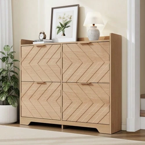 Shoe Cabinet With 4 Drop-Down Compartments, 3D Textured Front, Top Shelf, Spacious Shoe Cabinet, Space-Saving, Furniture For Entryway - Natural + MDF - View 1