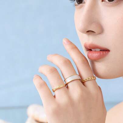 Bộ 3 chiếc nhẫn xếp chồng tối giản - Bản rộng màu trắng hình vỏ sò + Thiết kế xoắn + Dây xích mắt xích, phù hợp cho đeo hàng ngày, đi làm, nghỉ mát và du lịch.