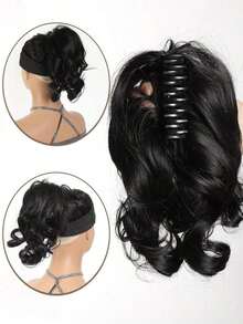 Elegant Claw Clip Ponytail - Short Curly Wavy Look, Synthetic Hair Extensions For Daily Chic, Easy-To Attach Hair Accessory For AlI Occasions - Màu đen tự nhiên - Xem 3