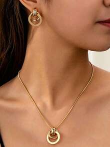 一套时尚几何圆形金属项链和耳环首饰套装，送给女朋友或闺蜜的百搭礼物 - 金色 - 查看 3