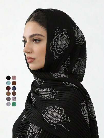 1件装女士纯色雪纺褶皱刺绣花卉围巾，时尚优雅披肩，多功能透气头巾