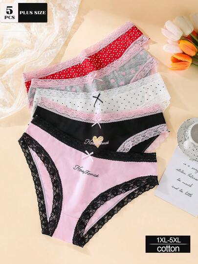 Bộ 5 món đồ lót nữ gợi cảm, ren, dáng suông, cạp thấp, cỡ lớn, chất liệu 100% cotton.