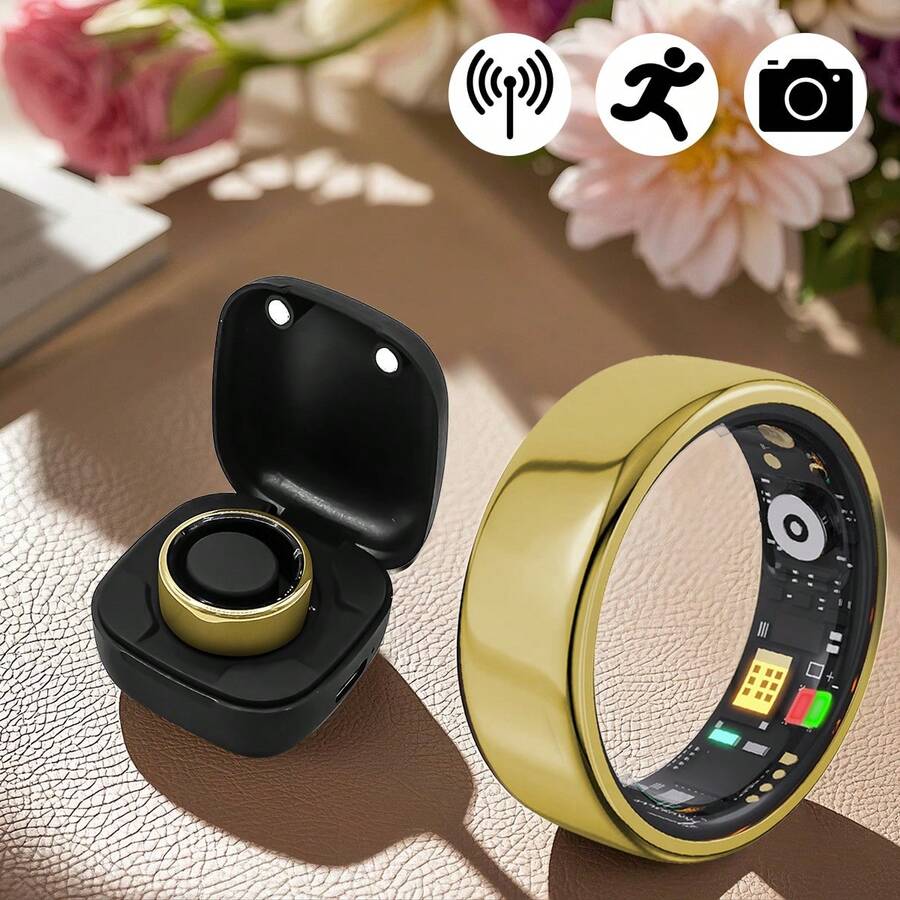 SIMSONLAB Nuevo anillo inteligente a prueba de agua y polvo 2025, rastreador de fitness con podómetro, diseño unisex, gran regalo para hombres y mujeres - Dorado - Ver 1