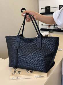 Dedoo 女士纯色编织图案PU皮革手提包，简约大容量顶部提手单肩托特包，休闲轻便通勤包，适合日常办公，时尚防水方形户外旅行购物手提包 - 黑色 - 查看 7