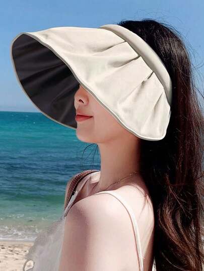 Women's Black UV Protection Hat, Foldable Wide Brim Shell Visor Cap, Outdoor Sun Shading Adjustable Headband