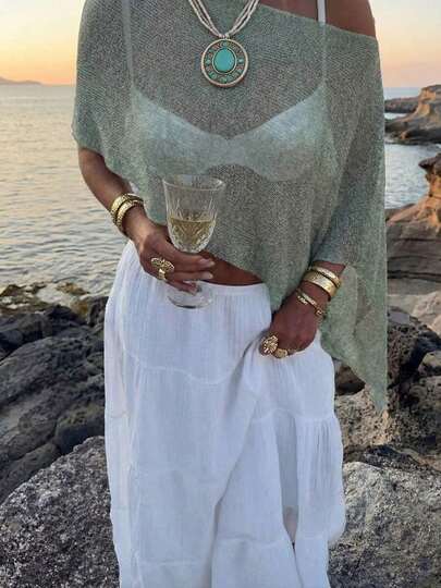 FOR BEAUTY Summer New Women's Solid Ribbed Olive Green Knit Cardigan, Asymmetric Hem Design, Fine Shiny Knit Fabric, Lightweight & Breathable, Slightly Loose Fit Suitable For Various Body Types, Vacation & Casual Style Top, Suitable For Holiday, Boho, Sexy, Summer Women's Clothing