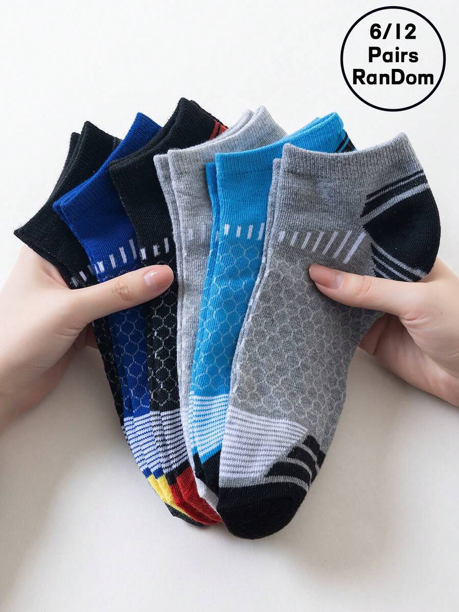 6/12 pares de calcetines para mujer, con patrón de argyle aleatorio, cómodos calcetines de tobillo unisex casuales y transpirables - Multicolor - Ver 1
