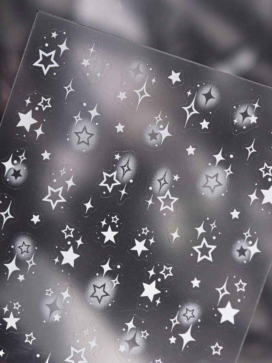 1片5D白色镂空星星美甲贴纸，银色镂空星星美甲贴纸，自粘装饰美甲贴花DIY - 白色 - 查看 1