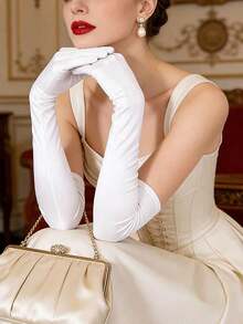 1 Pair Women's White Elastic Satin Long Elbow Length Gloves - 白色 - 查看 5