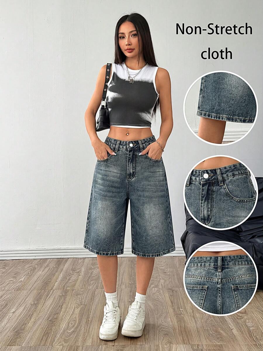Shorts bermuda de mezclilla lavada casual de verano para mujer, con detalles desgastados, pantalones de mezclilla holgados hasta la rodilla, adecuados para atuendos de verano - Neblina azul - Ver 1